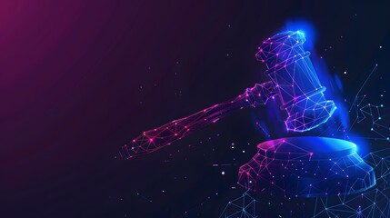 Wall Mural - abstract digital gavel and block, blue and pink glowing lines on dark background, representing futur