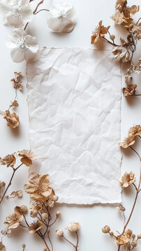 Mock up image of paper and flowers on white background, in the style of brown and bronze, #myportfolio, minimalist canvases, white and brown, uhd image, aerial view, texture-rich