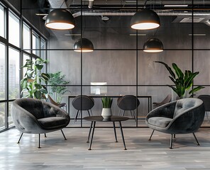 Wall Mural - Modern interior of an office lounge area with gray velvet armchairs, round tables and pendant lamps