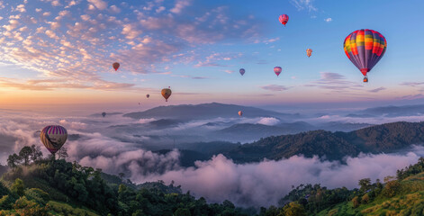 Wall Mural - Colorful hot air balloons floating over the green landscape of Doi Suthep, Chiang Mai in Thailand at sunrise. 