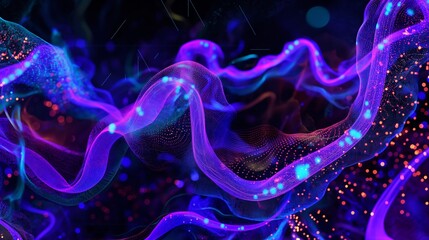 Sticker - A mesmerizing abstract image featuring purple and blue light waves with glowing dots on a black background