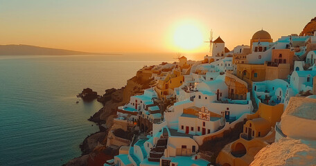 Poster - The sun sets over the whitewashed buildings of Oia, Santorini with the deep blue sea in view.