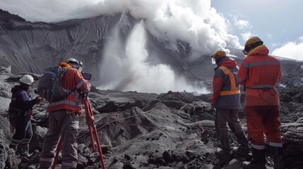 Wall Mural - footage of a team of scientists studying and monitoring a pyroclastic flow trying to understand its 