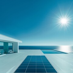 modern house with pool and sun on blue sky