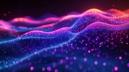 Poster - A digital rendering of undulating waves formed by gradient meshes with glowing pink, blue, and orange lights.