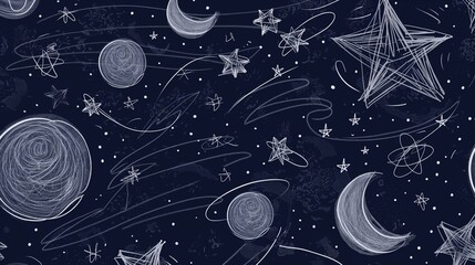 Wall Mural - A background of whimsical line art creating the impression of a starry night sky, with scribbled stars and moons on a dark navy canvas.