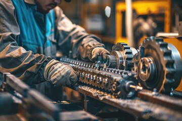 Smart engineer checking iron machine in factory while wearing safety helmet. Professional industrial worker repairing or examining machinery part or turbine machine while holding chart form. AIG42.