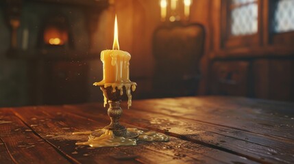 Poster - Burning candle on wooden table illuminating cozy room with fireplace