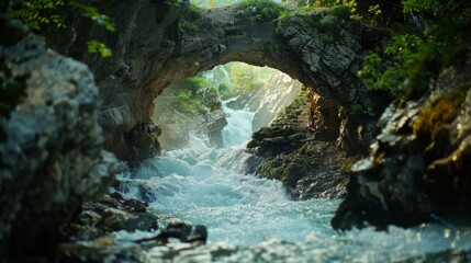 Wall Mural - a powerful river rushes through a narrow passage with a natural bridge of rock offering a glimpse of