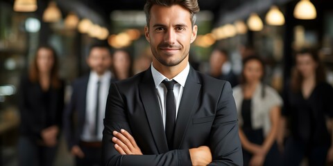 Wall Mural - Confident young businessman with team in background exuding corporate professionalism and success. Concept Corporate Team Photoshoot, Professional Business Portraits, Confidence in Business