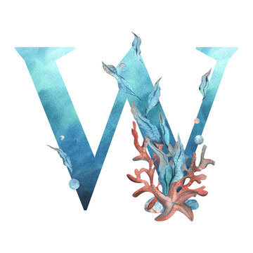 Capital letter W, part of the Latin alphabet decorated in a wet theme with corals, shells, algae, bubbles, blue and coral colors. Hand drawn watercolor illustration. Element isolated from background.