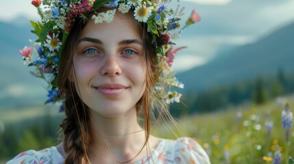 Wall Mural - A woman wearing a flower crown on her head is smiling in a field of grass, showcasing a happy and fun headpiece at an event. The flower is a fashion accessory that adds to her joyful expression AIG50