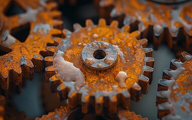 Rusty gears and cogs, macro, steampunk vibes for an industrial vintage background