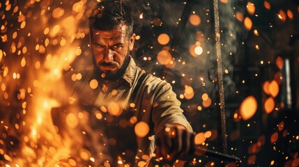 The picture of the blacksmith is working inside the workshop of metalworking that need to use experience, strength and understanding in forging iron, metal, and steel to make good metalwork. AIG43.