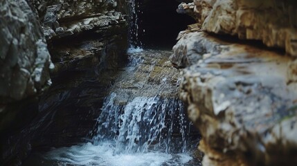 Wall Mural - a cascading waterfall flows through a narrow rock formation creating a unique natural bridge and a b