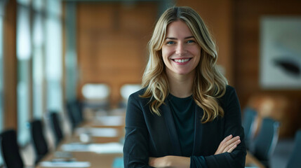 Wall Mural - Portrait of a professional woman smiling in a modern corporate boardroom setting