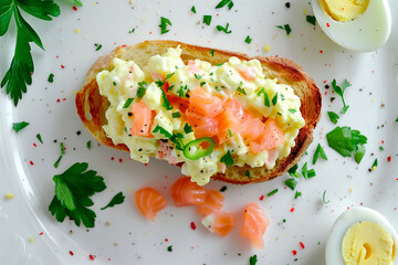 Wall Mural - egg salad and smoked salmon on slice of toasted baguette, top view