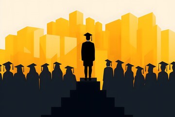 Silhouette of a graduate standing out from a crowd in front of a cityscape. Digital illustration for posters and print. Graduation and achievement concept