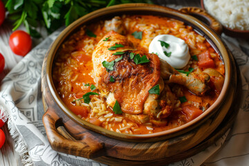 Wall Mural - chicken stewed with paprika and sour cream on table top view
