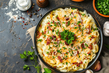 Wall Mural - baked pasta with grated cheese sour cream bacon onion on table top view