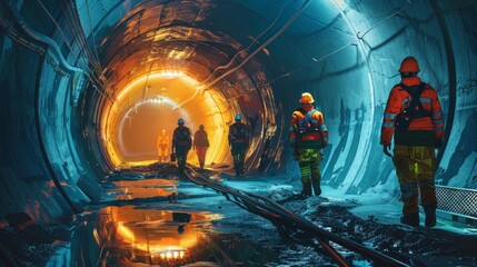 Three men in orange and yellow safety gear walk through a tunnel