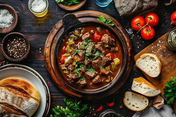 Wall Mural - beef goulash on table top view