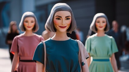 Poster - A group of dolls with different colored hair and dresses, AI