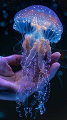 Wall Mural - Bioluminescent jellyfish in the palm of a person's hand. AI.