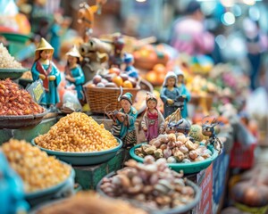 A vibrant display of spices and other food items at a market, with miniature figurines of people in traditional clothing adding a touch of whimsy. AI.