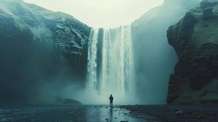 a cinematic photo of Skogafoss in Iceland, waterfall is wide and tall with mist coming off the top of it, a person stands at its base looking up to camera, low angle shot, unsplash photography style