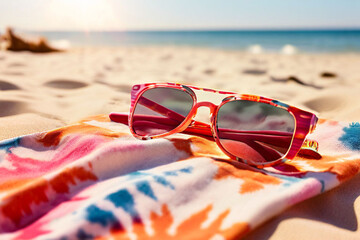 Sticker - Tie-dye beach towel in vibrant colors sprawled on white sand, with sunglasses perched on top.