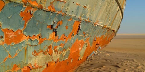 Sticker - Close-up of the hull of a rusty ship abandoned in the desert. AI.