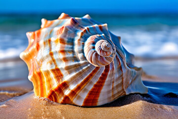 Sticker - Large conch seashell resting on pristine white sand, a reminder of the ocean's beauty.