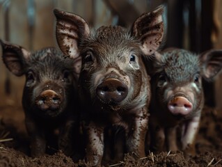 Wall Mural - Three little pigs standing in a barn AI.