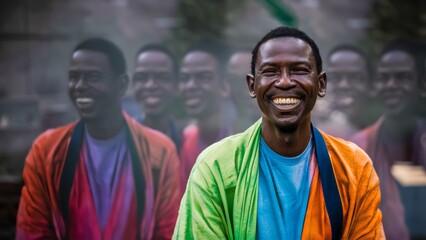 A man smiling in front of a group of people, AI