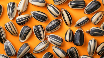 Wall Mural - Sunflower seeds in a mix of colors rest on a bright orange background. The black and white striped seeds stand out nicely against the orange, reminding you of fresh things.