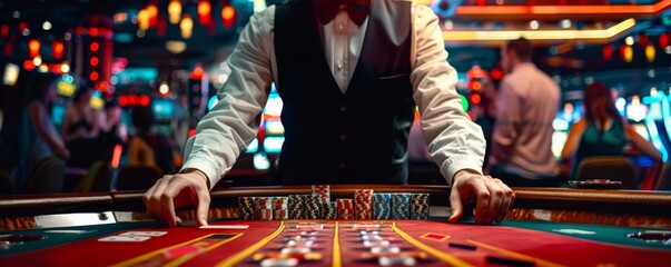 Wall Mural - People have fun with black jack table in casino, concept of gambling banner. Generative AI.