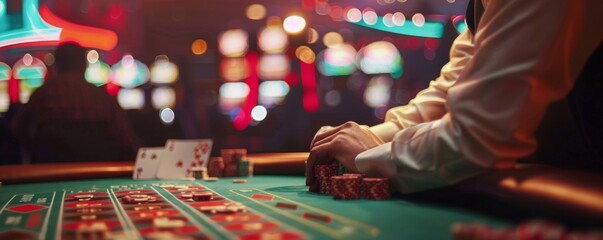 Wall Mural - People have fun with black jack table in casino, concept of gambling banner. Generative AI.