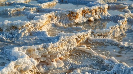 Wall Mural - closeup of the intricate textures created by overlapping layers of salt crystals on a drying lake.