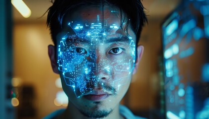 Poster - Man With Blue Digital Overlay on His Face Looks Directly at Camera