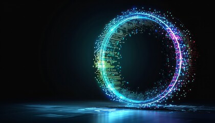 Poster - a vibrant blue and green digital ring glowing in a dark setting