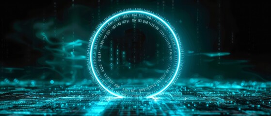 Poster - glowing blue ring on a digital circuit board