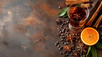 Wall Mural -  A glass of tea next to an orange slice, orange peel, cinnamon stick, star anise, and anisette against a brown background with cinnamon leaves (En