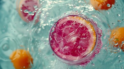 Poster -  A grapefruit filling most of a glass, submerged in water Oranges adjacent to the glass Bubbles at glass bottom