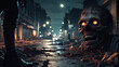 © 4K_Heaven - Beneath the dim streetlights, zombies with hollow eyes and rotting flesh stagger aimlessly, creating a scene of apocalyptic terror, Generative AI
