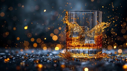 Canvas Print -  A glass of whiskey with a single ice cube on a dark background Bokeh lights surround, reflecting off the liquid's surface as it interacts with another tiny splash