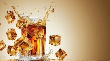 Canvas Print -  A glass of soda with ice cubes and water splashing out, against a light brown backdrop; a single water splash adorns the glass's side