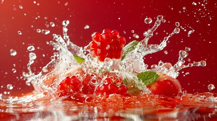 Canvas Print -  A red background with a splash of water and cherries floating on top and submerged below