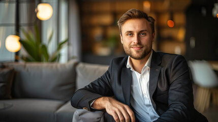 Canvas Print - Smiling young man in a sharp suit, seated in a sleek office setting