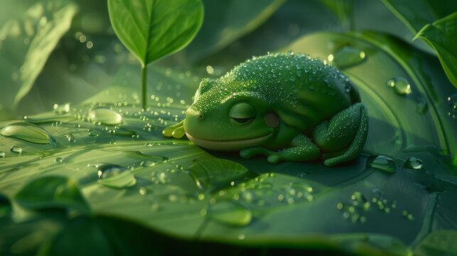  A close-up of a frog resting atop a leaf, surrounded by water droplets on its surface Background consists of lush green foliage and dewdrops